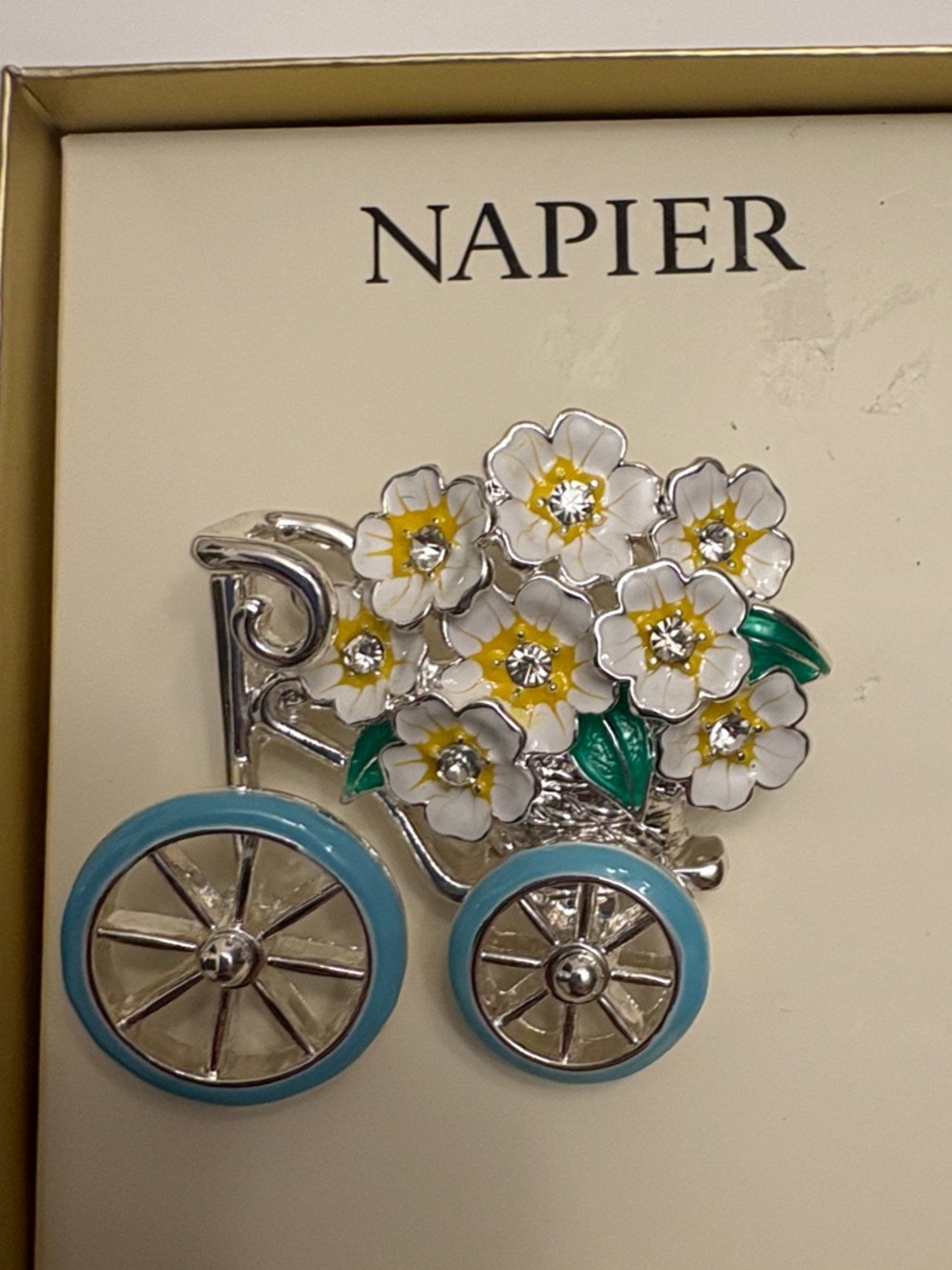Napier Silver-Tone Bicycle Brooch with White & Yellow Flowers and Blue Wheels